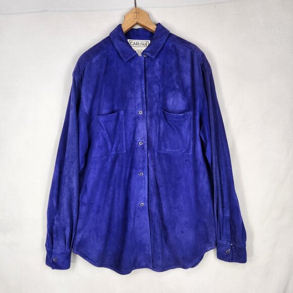 Vintage Carlisle 100% Suede Button Down Shirt Women's 12 Blue Long Sleeve - Picture 1 of 5